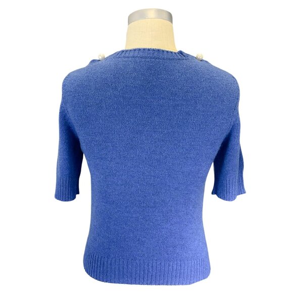 Chanel Blue Pearl Embellished Short Sleeved Cashmere Knit Sweater - Picture 3 of 6